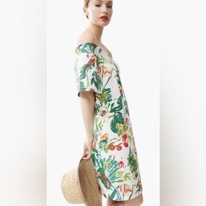 J.crew  tropical dress green 4 mint birds floral  Mint jcrew off shoulder